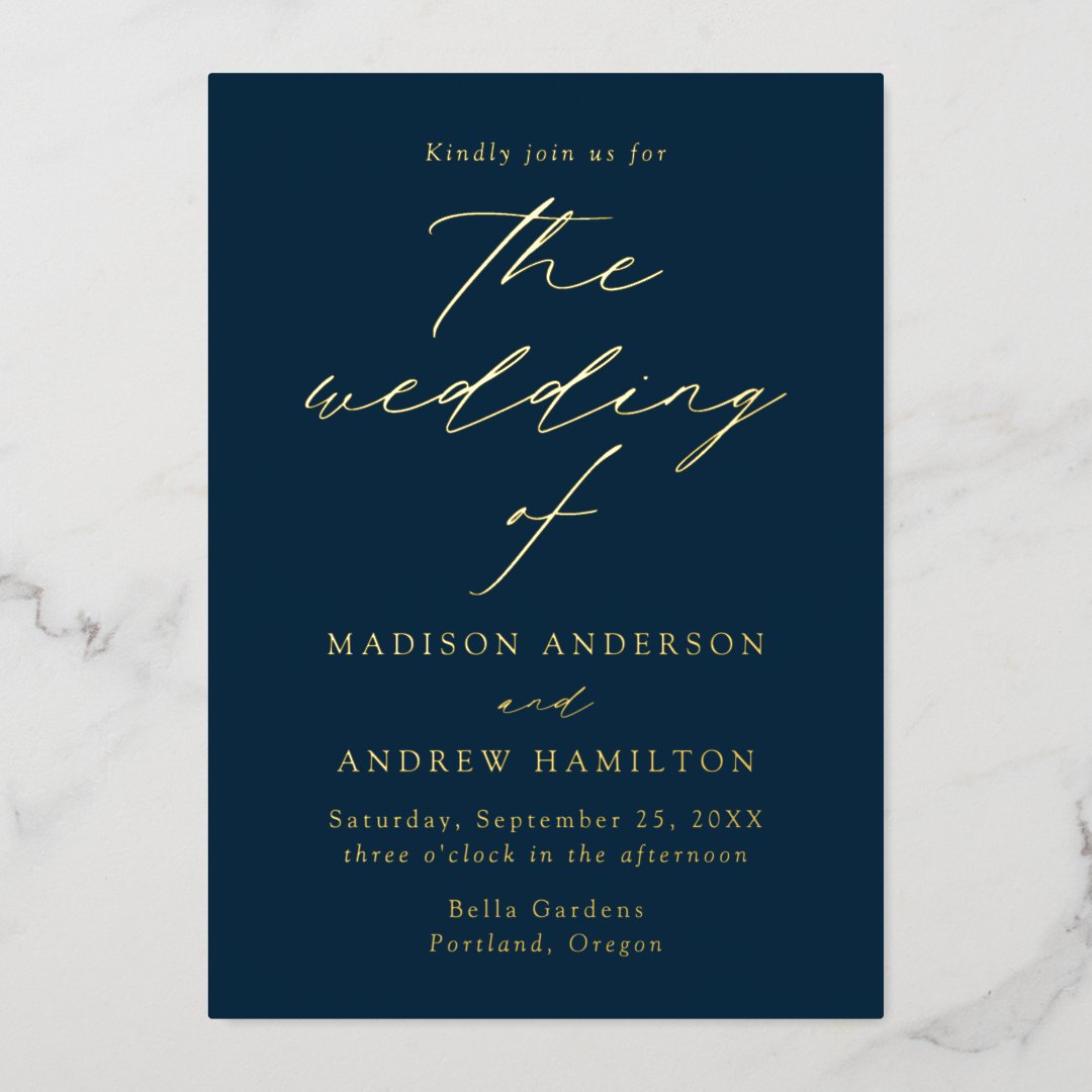 Modern Elegance Navy and Gold Wedding Foil Invitation | Zazzle