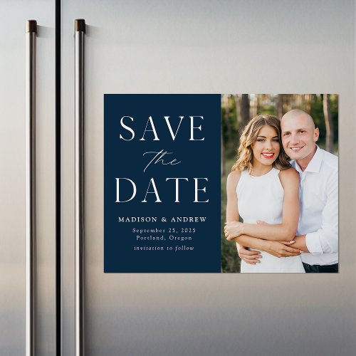 Modern Elegance Navy Photo Save the Date Magnetic Invitation
