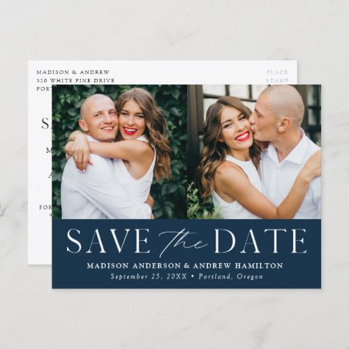 Modern Elegance Navy Two Photo Save the Date Announcement Postcard