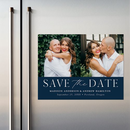 Modern Elegance Navy Two Photo Save the Date Magnetic Invitation
