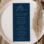 Modern Elegance Navy Wedding Menu<br><div class="desc">Simple and elegant wedding menu featuring "Menu" displayed in a modern white script with a navy background or color of your choice. Personalize the navy wedding menu by adding your names,  wedding date,  and menu information. Designed to coordinate with our Modern Elegance wedding collection.</div>
