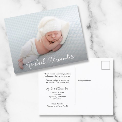 Modern Elegance Photo Baby Boy Birth Announcement Postcard
