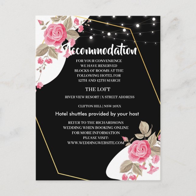 Modern Elegance Pink Floral string liAccommodation Announcement Postcard (Front)