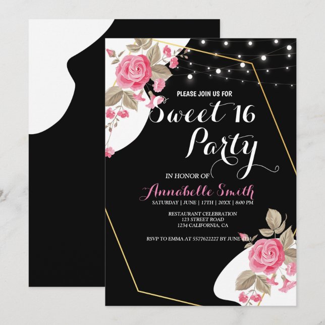 Modern Elegance Pink Floral string light  sweet 16 Invitation (Front/Back)