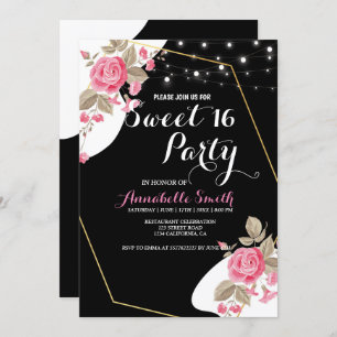 Modern Elegance Pink Floral string light sweet 16 Invitation