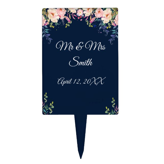 Modern Elegance Pink Floral Wedding Cake Topper (Front)