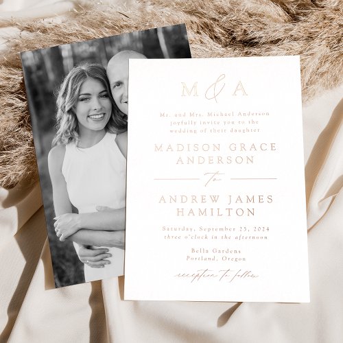 Modern Elegance Rose Gold Monogram Photo Wedding Foil Invitation