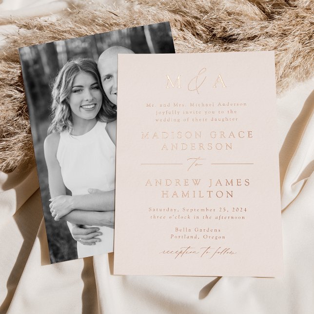 Modern Elegance Rose Gold Monogram Photo Wedding Foil Invitation (Creator Uploaded)