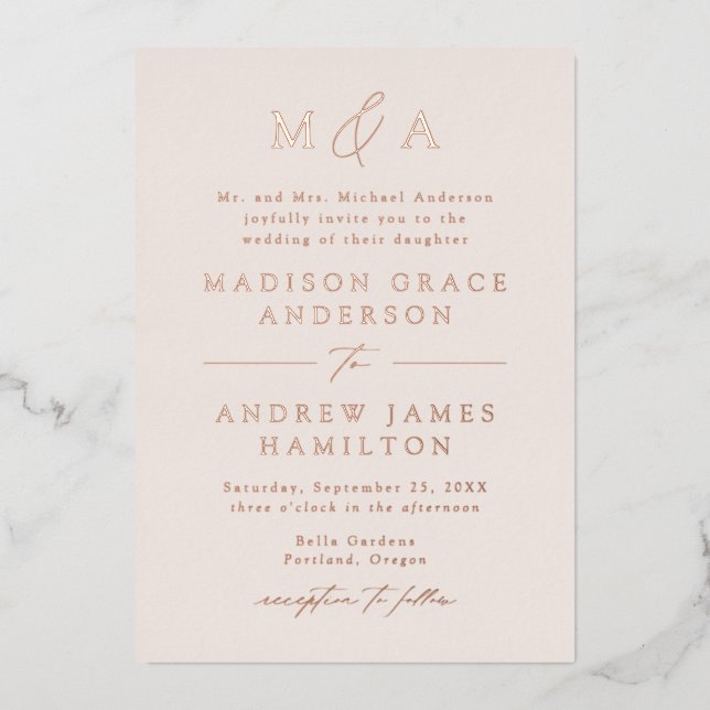 Modern Elegance Rose Gold Monogram Wedding Foil Invitation (Front)