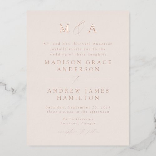 Modern Elegance Rose Gold Monogram Wedding Foil Invitation Postcard