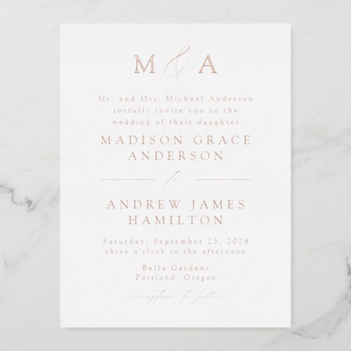 Modern Elegance Rose Gold Monogram Wedding Foil Invitation Postcard