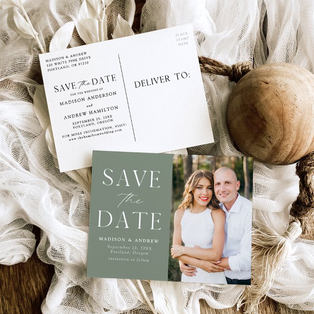 Modern Elegance Sage Green Photo Save the Date Announcement Postcard (Creator Uploaded)