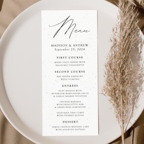 Modern Elegance Speckled White and Black Wedding Menu