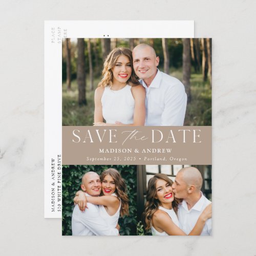 Modern Elegance Taupe Three Photo Save the Date Announcement Postcard