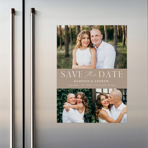 Modern Elegance Taupe Three Photo Save the Date Magnetic Invitation