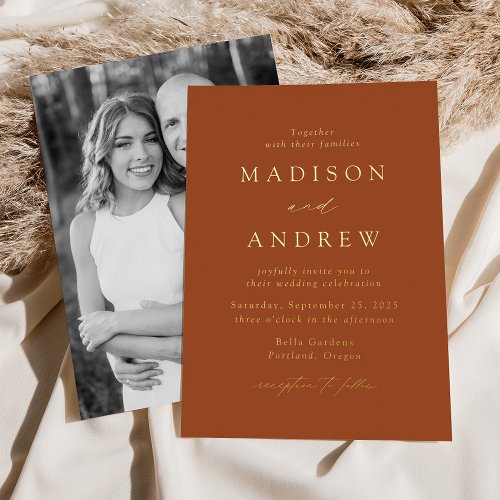 Modern Elegance Terracotta and Gold Photo Wedding Foil Invitation