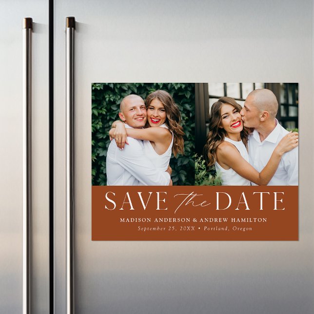 Modern Elegance Terracotta Two Photo Save the Date Magnetic Invitation (Creator Uploaded)