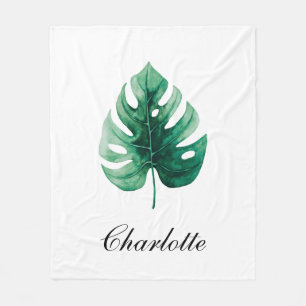 Modern Elegance Watercolor Green Monstera Fleece Blanket