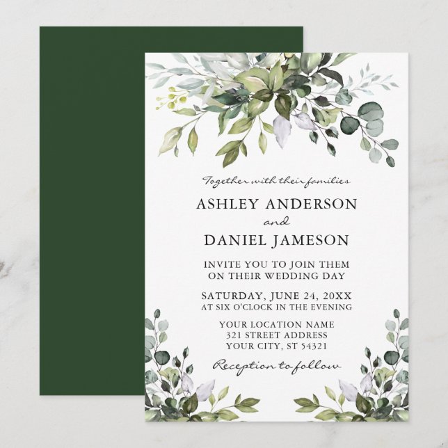 Modern Elegance Watercolor Greenery Wedding Invitation (Front/Back)