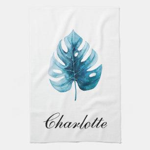 Modern Elegance Watercolor Monstera Blue Leaf Kitchen Towel