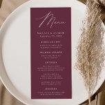 Modern Elegance Wine Wedding Menu<br><div class="desc">Simple and elegant wedding menu featuring "Menu" displayed in a modern white script with a wine-purple background or color of your choice. Personalize the wine wedding menu by adding your names,  wedding date,  and menu information. Designed to coordinate with our Modern Elegance wedding collection.</div>