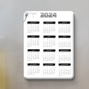 Modern Elegant 2024 Calendar Black And White Magnet
