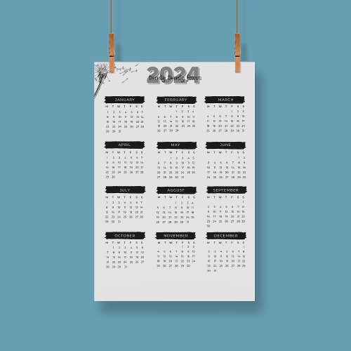 Modern Elegant 2024 Calendar Black And White  Poster