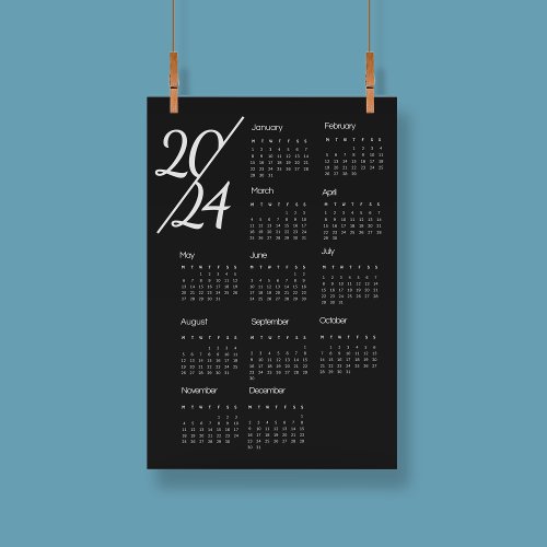 Modern Elegant 2024 Calendar Black And White  Poster