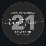 Modern Elegant 21st Birthday Classic Round Sticker<br><div class="desc">Modern elegant 21st Birthday Sticker. Minimalist 21st birthday design featuring elegant calligraphy hand lettered script font.</div>