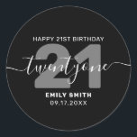 Modern Elegant 21st Birthday Classic Round Sticker<br><div class="desc">Modern elegant 21st Birthday Sticker. Minimalist 21st birthday design featuring elegant calligraphy hand lettered script font.</div>