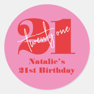 Modern Elegant 21st Birthday Pink Red Minimalist Classic Round Sticker