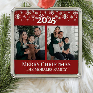 Modern Elegant 2 Photo Red Keepsake Family Metal Ornament
