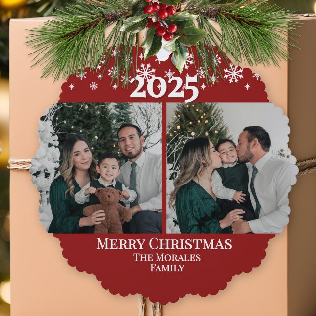 Modern Elegant 2 Photo Red Keepsake Family Ornament Card (elegant 2 photo christmas 2 sided ornament tags for family keepsake with year and name)