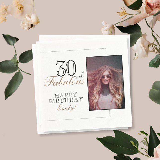Modern Elegant 30 and Fabulous 30th Birthday Photo Napkins (Creator Uploaded)
