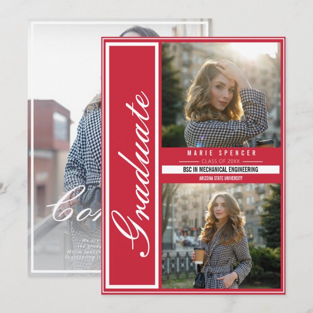 Modern Elegant 3 Photo Collage Red Graduation Announcement (Front/Back)