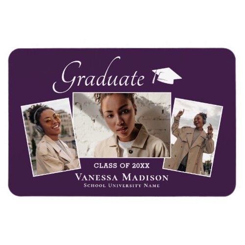 Modern  Elegant 3 Photo Grad Announcement Magnet