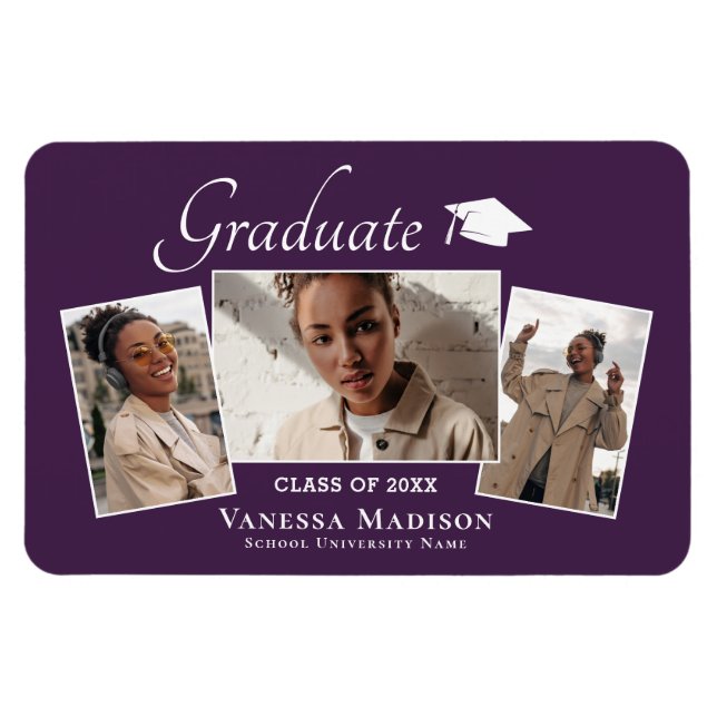 Modern | Elegant 3 Photo Grad Announcement Magnet (Horizontal)