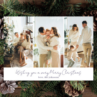 Modern Elegant 3 Photo Navy Blue Script Holiday Card