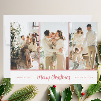 Modern Elegant 3 Photo Pink Script Holiday Card