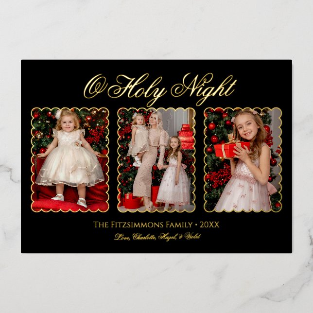 Modern Elegant 3 Photos Family Foil Christmas Card (Front)