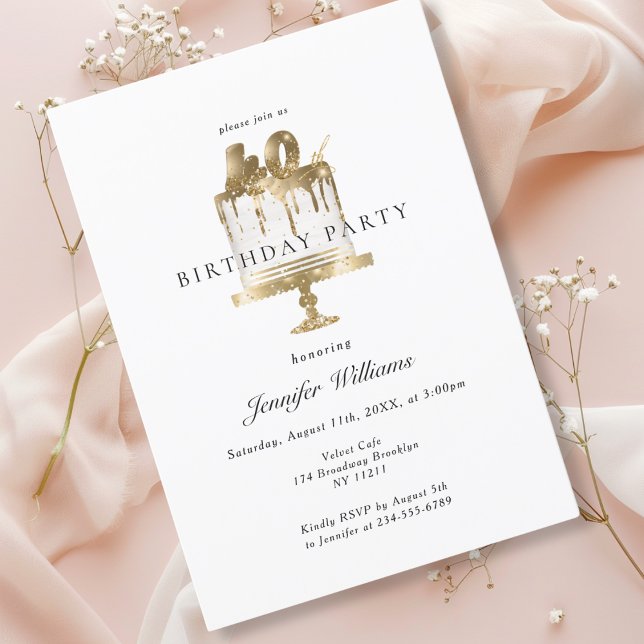 Modern, elegant 40. birthday invitation (Modern, white & gold, elegant, 40.birthday invitation with cake illustration.)