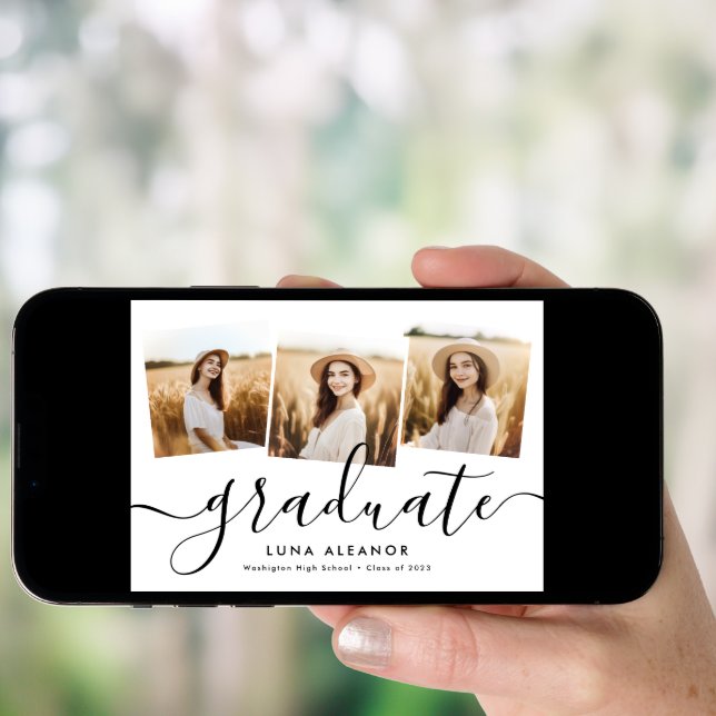 Modern Elegant 4 Photo Collage Script Graduation Invitation (Front Digital)