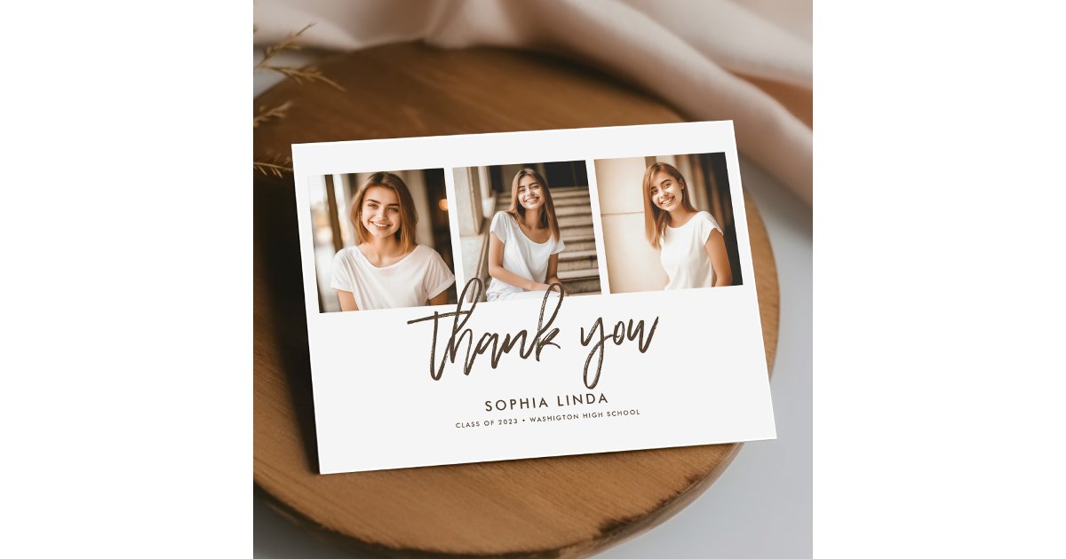 Modern Elegant 4 Photo Collage Script Graduation Thank You Card | Zazzle