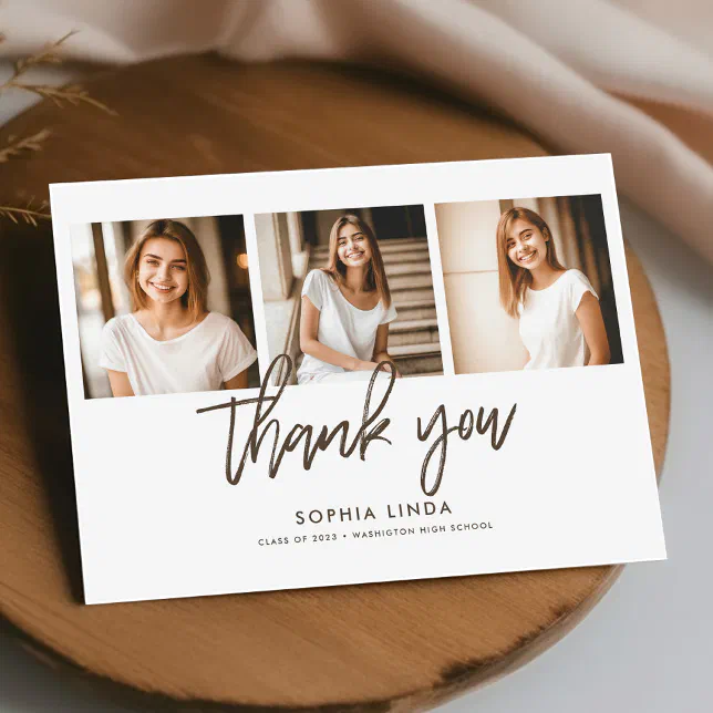 Modern Elegant 4 Photo Collage Script Graduation Thank You Card | Zazzle