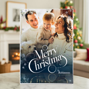 Modern Elegant 4 Photo Minimal Script Christmas Fo Foil Holiday Card