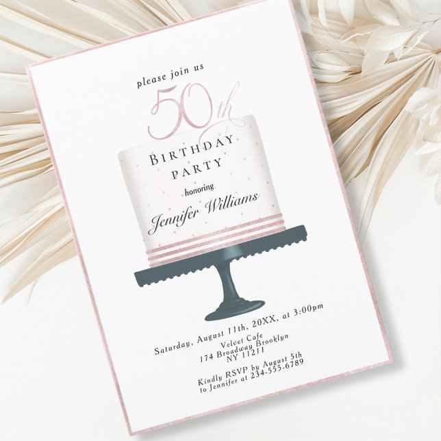 Modern, elegant 50th anniversary invitation (Modern, elegant, luxury, white & pink, 50. birthday invitation with cake illustration.)