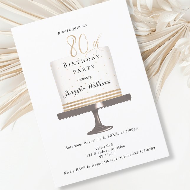 Modern, elegant 80. birthday invitation (Modern, elegant, luxury, white & gold, 80. birthday invitation with cake illustration.)