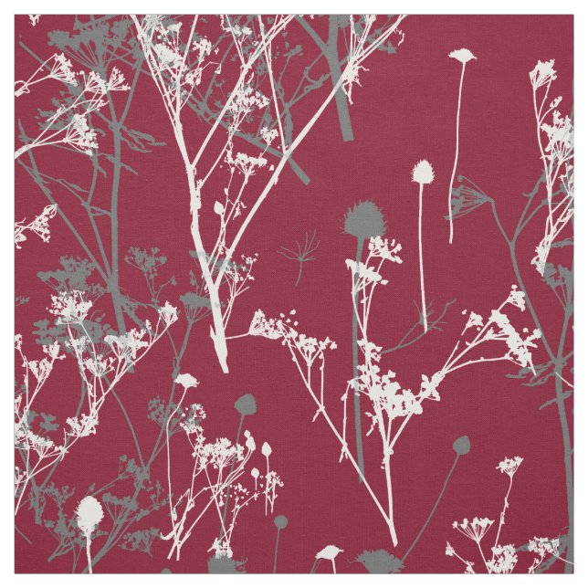 Modern Elegant Abstract Burgundy Gray Wildflowers  Fabric (Swatch)