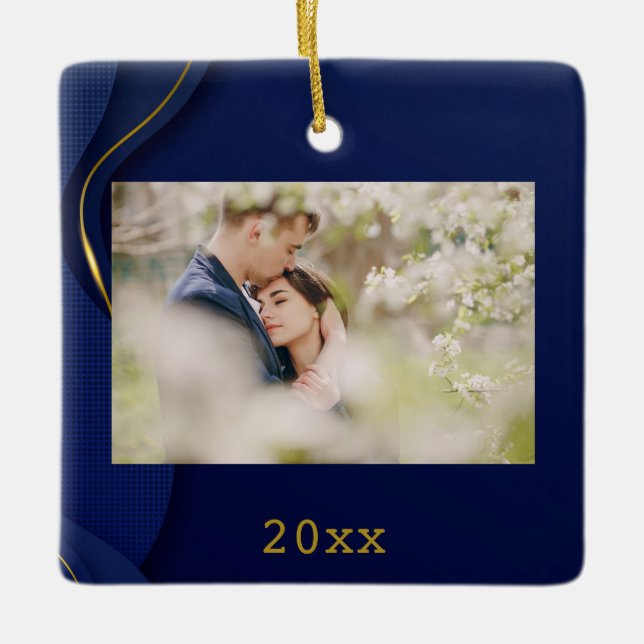 Modern Elegant Abstract Custom Wedding Photo Ceramic Ornament (Front)