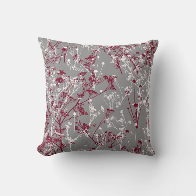 Modern Elegant Abstract Gray Burgundy Floral Throw Pillow (Front)